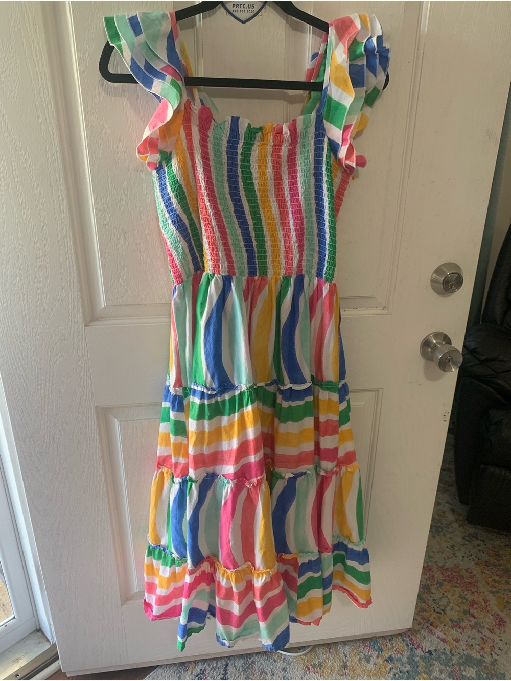 Crown & Ivy Rainbow Stripe Tiered Dress in Pink Blue Green Yellow Cream